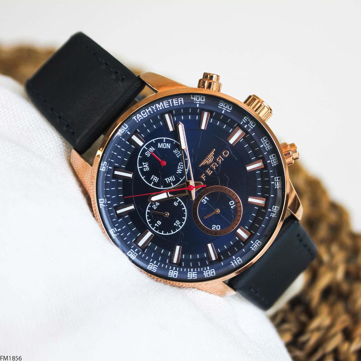 Ferro FM1856T2 Takvimli 45 mm Lacivert Deri Kordon Analog Erkek Kol Saati
