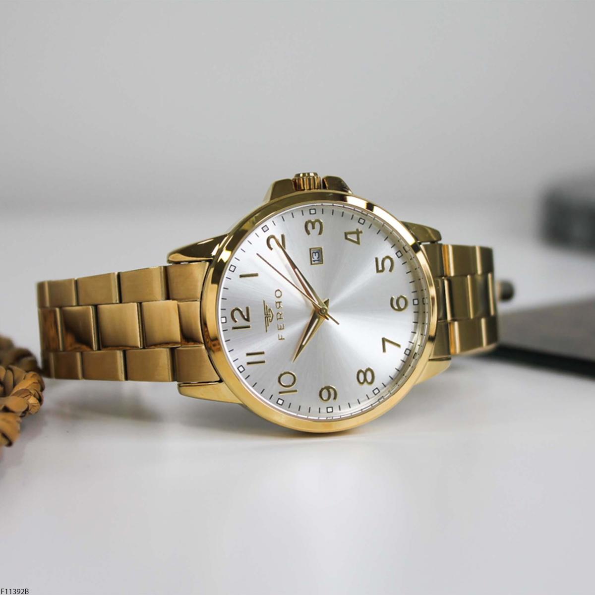 Ferro F11392B Takvimli 42 mm Altın Çelik Kordon Analog Erkek Kol Saati