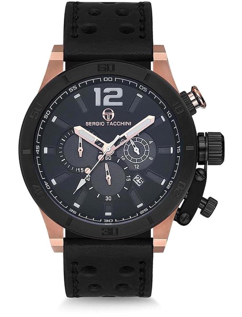 Sergio Tacchini ST.1.119.04 Takvimli Siyah Deri Kordon Analog Erkek Kol Saati