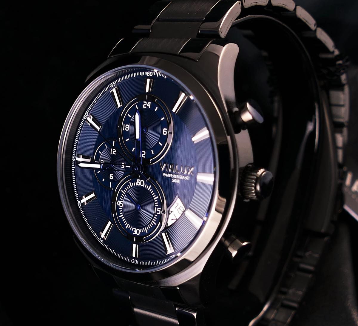 Vialux VX517N-11SN Takvimli 44 mm Siyah Çelik Kordon Analog Kol Saati