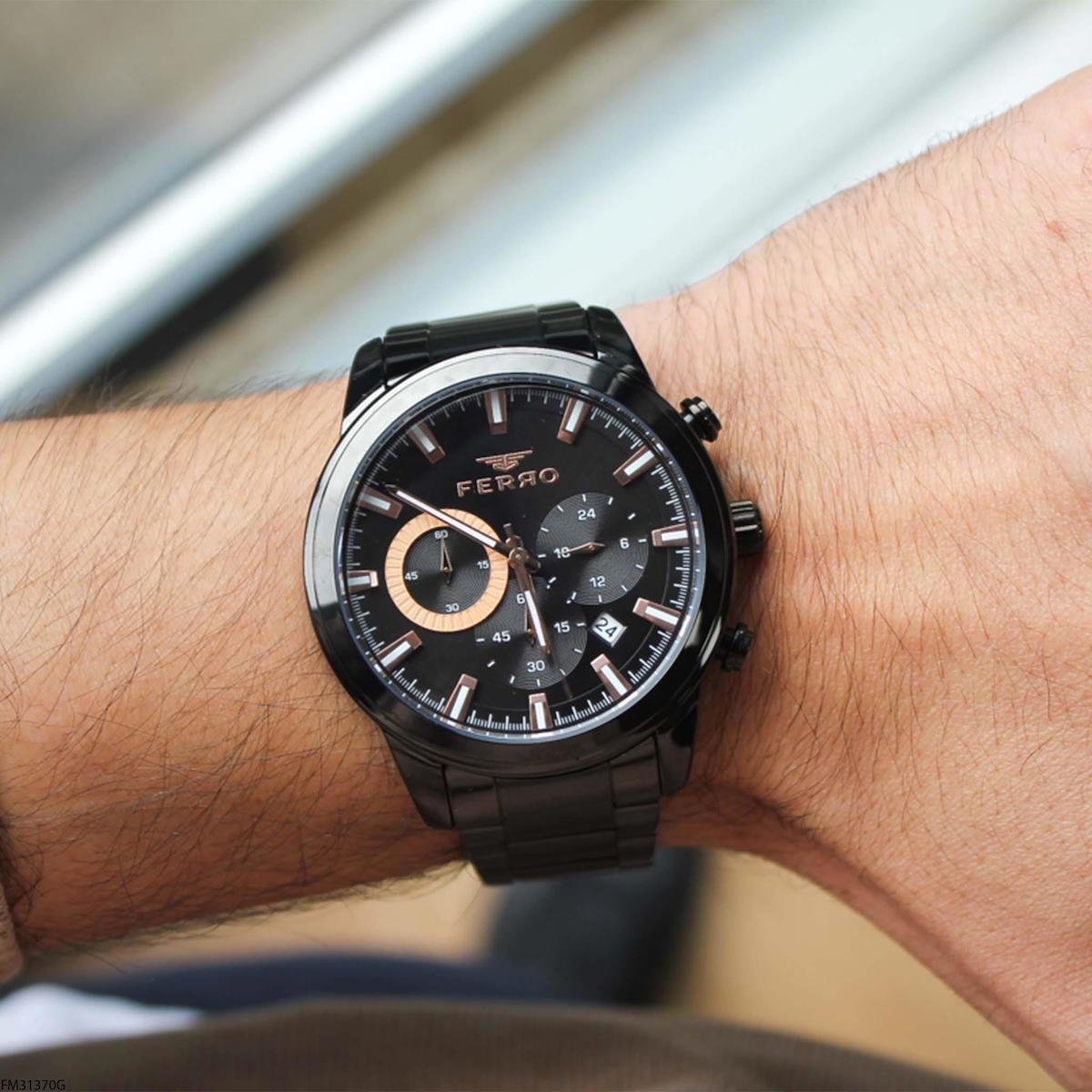 Ferro FM31370G Takvimli 45 mm Siyah Çelik Kordon Analog Erkek Kol Saati