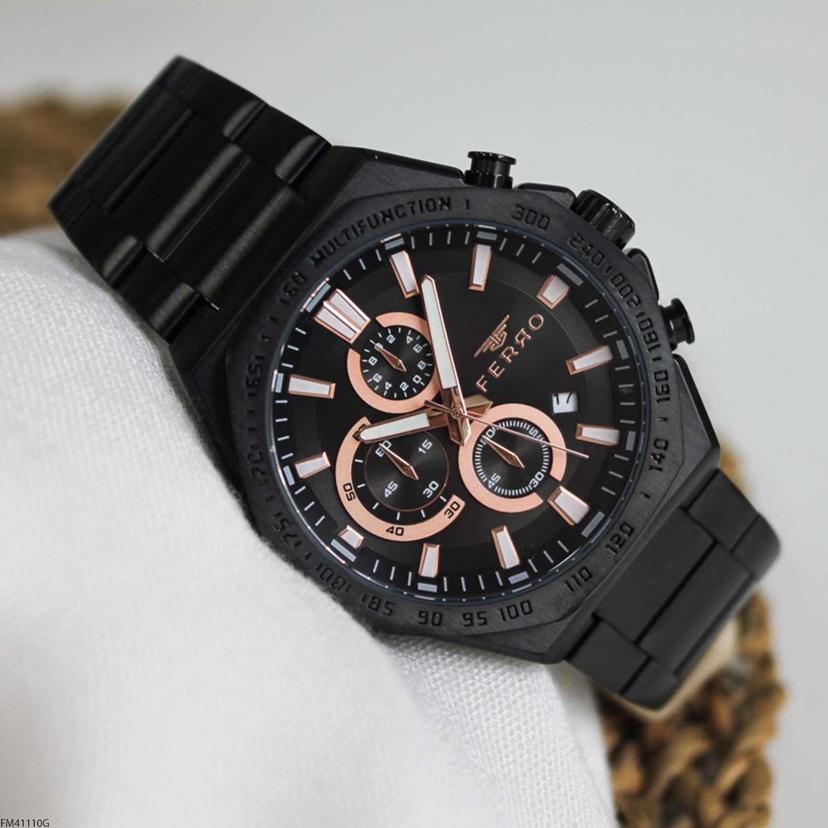Ferro FM41110G Takvimli 45 mm Siyah Çelik Kordon Analog Erkek Kol Saati