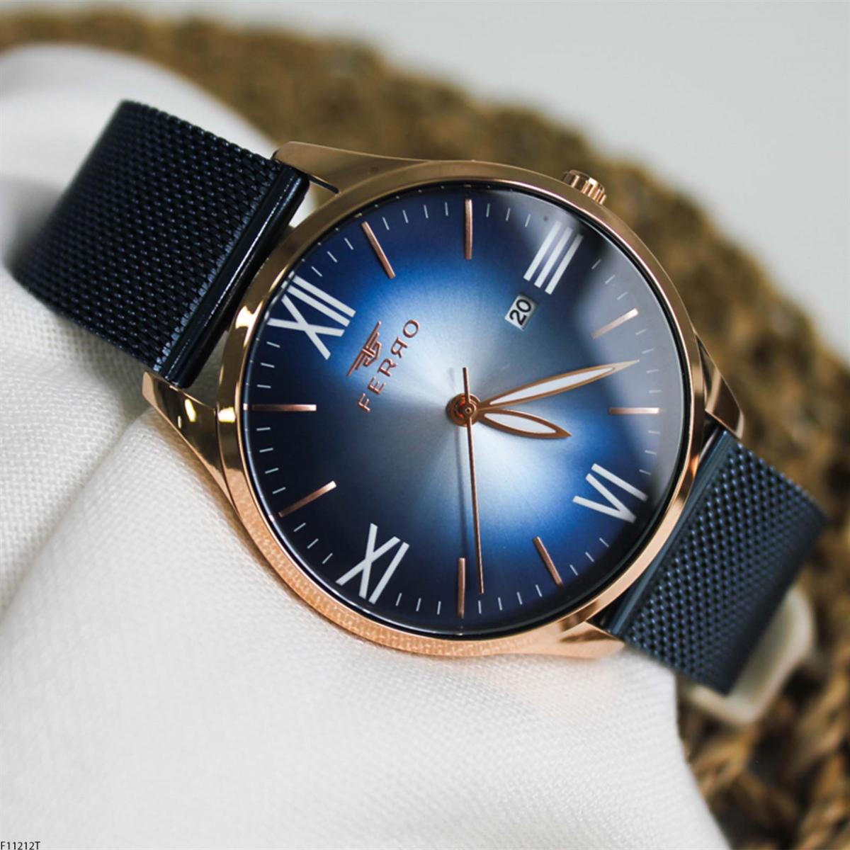 Ferro F11212T Takvimli 44 mm Lacivert Metal Kordon Analog Erkek Kol Saati
