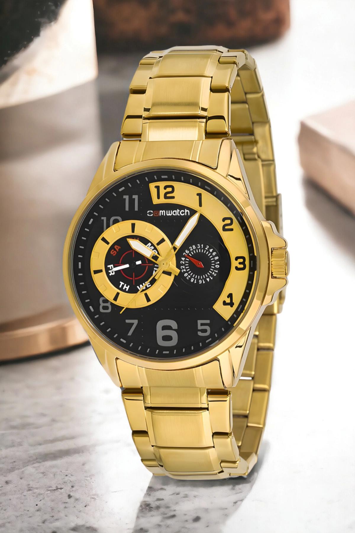 Comwatch ZMCMW003 Takvimli Altın Çelik Kordon Analog Erkek Kol Saati