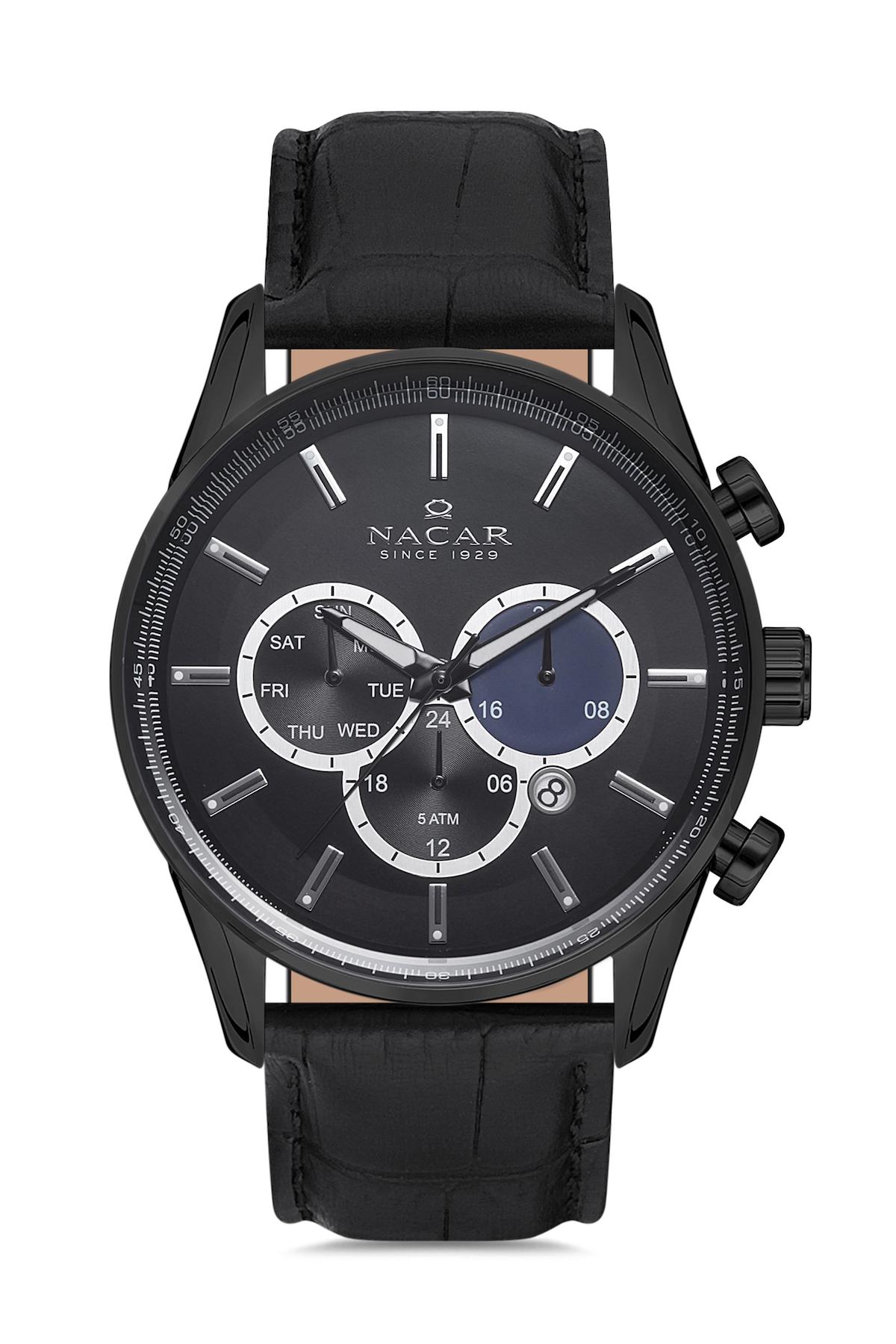 Nacar 33296905BBL1 Takvimli 44 mm Siyah Çelik Kordon Analog Kol Saati