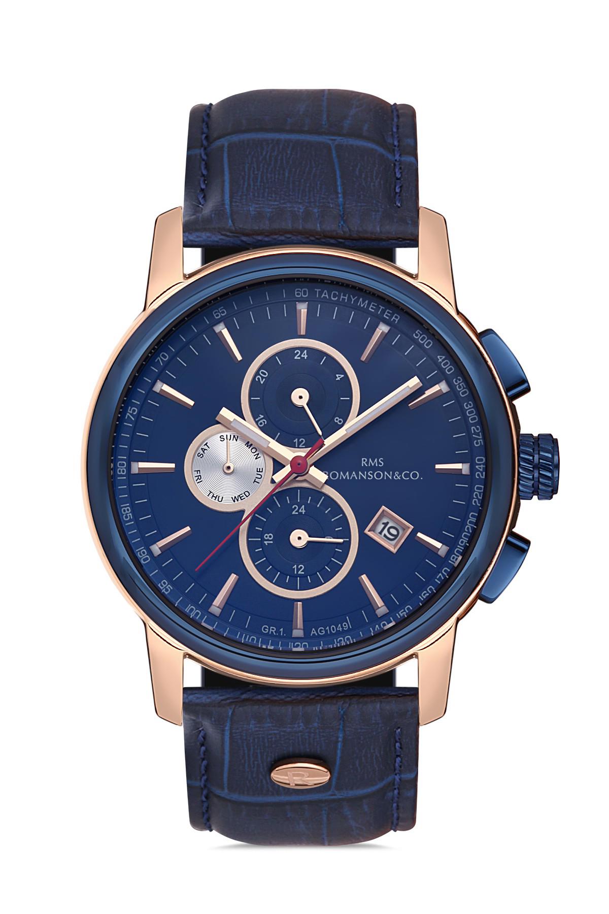 Romanson RMS.1.AG1049.02 Takvimli 46 mm Lacivert Deri Kordon Analog Erkek Kol Saati