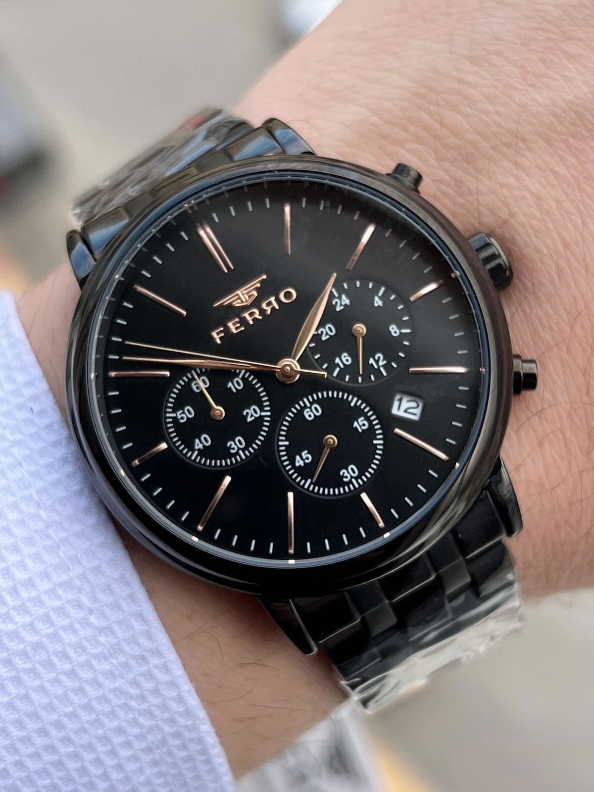 Ferro XF0051 Su Geçirmez Takvimli 44 mm Siyah Çelik Kordon Analog Erkek Kol Saati