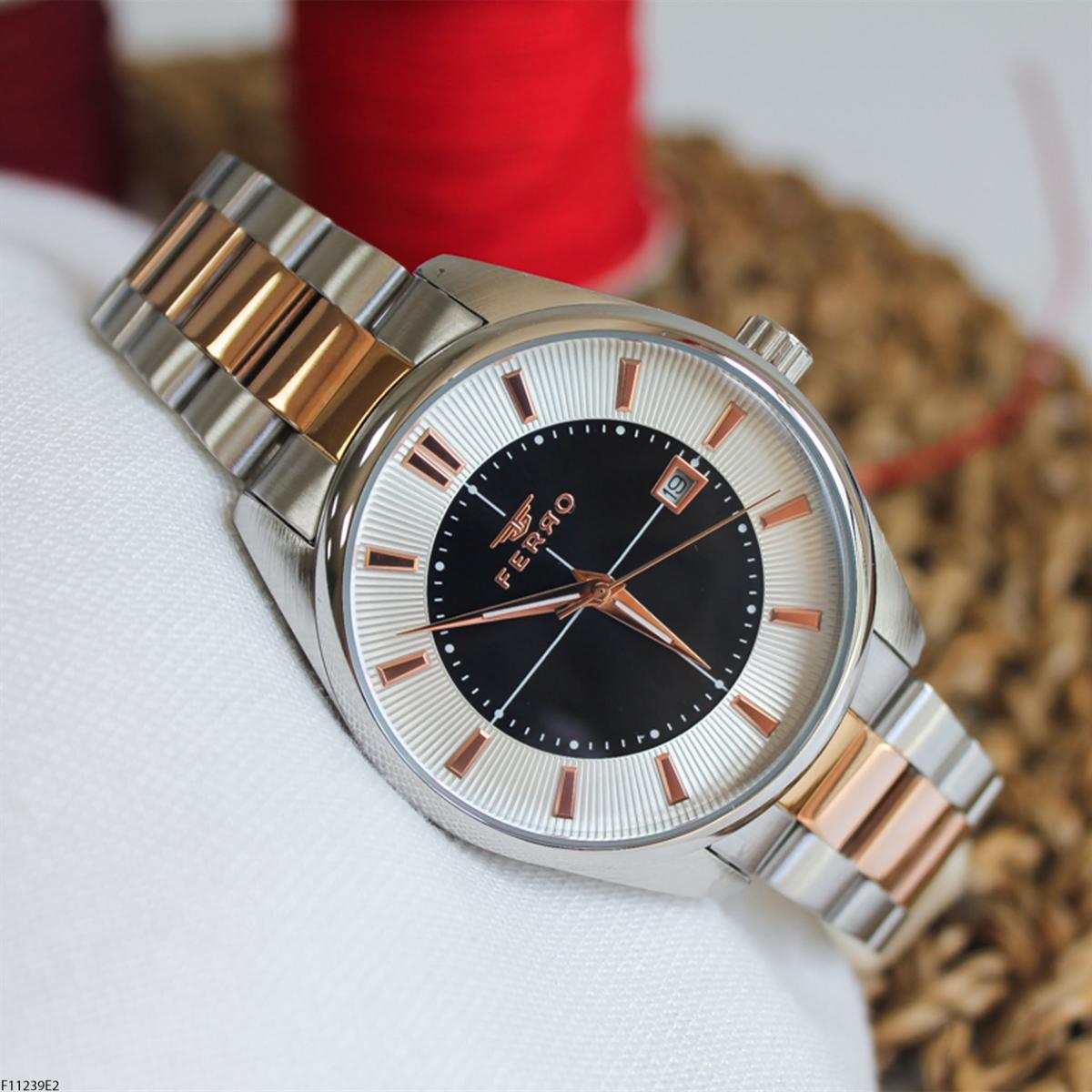 Ferro F11239E2 Takvimli 42 mm Gri-Rose Gold Çelik Kordon Analog Erkek Kol Saati