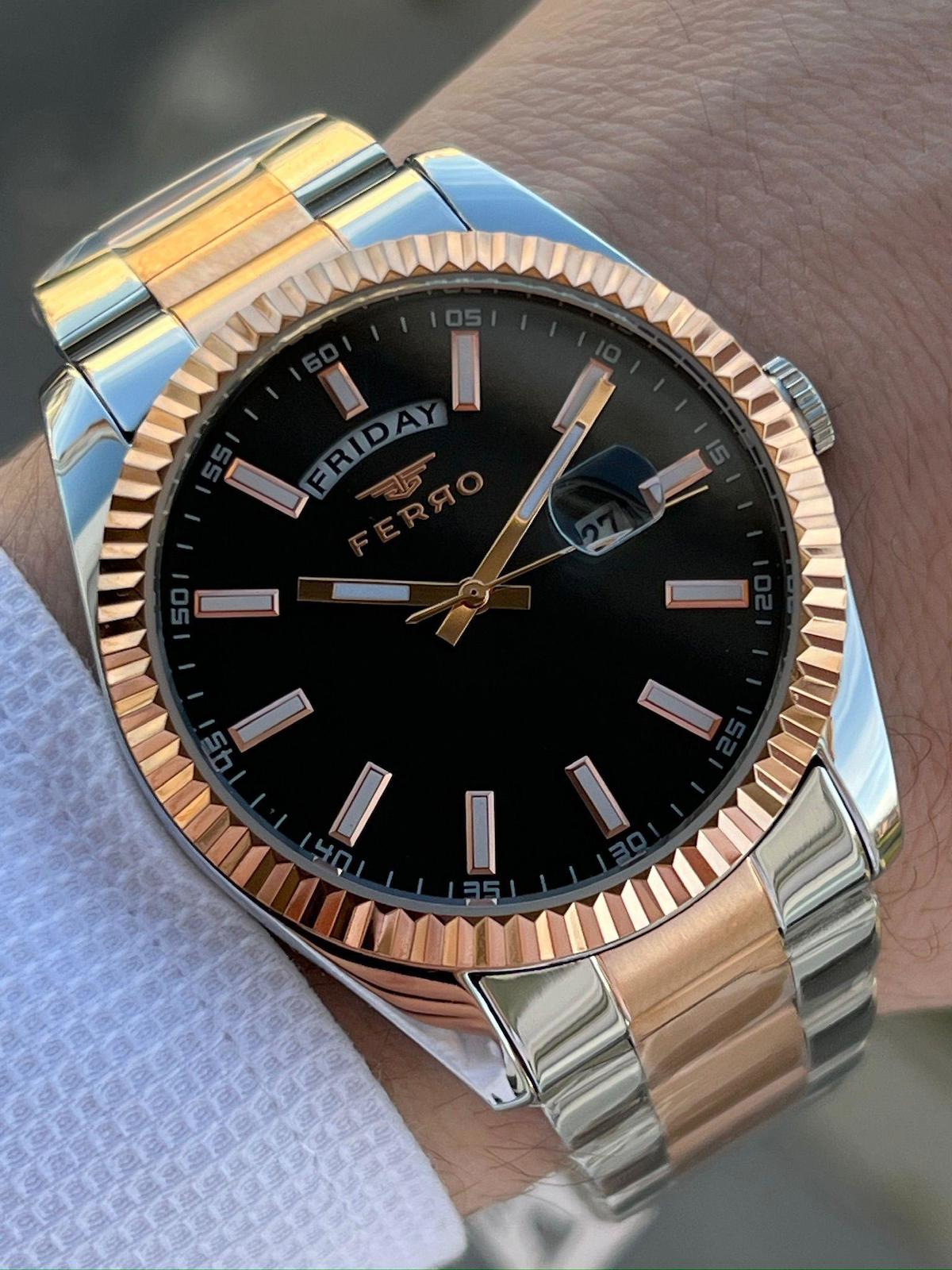 Ferro EFM11211-E2 Su Geçirmez Takvimli 44 mm Gri-Rose Gold Çelik Kordon Analog Erkek Kol Saati