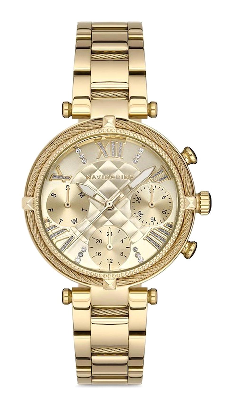 Navimarine NM001.02 Takvimli 34 mm Altın Çelik Kordon Analog Kol Saati