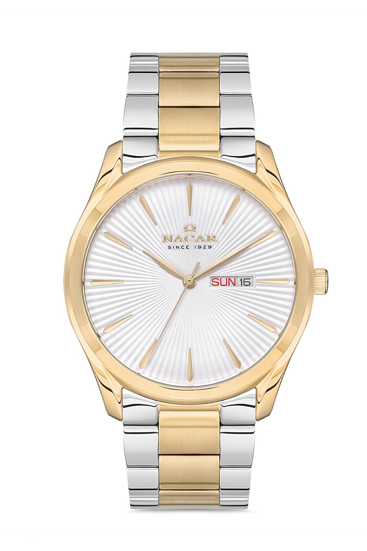 Nacar 33296892CWM Takvimli 44 mm Altın-Çelik Kordon Analog Kol Saati