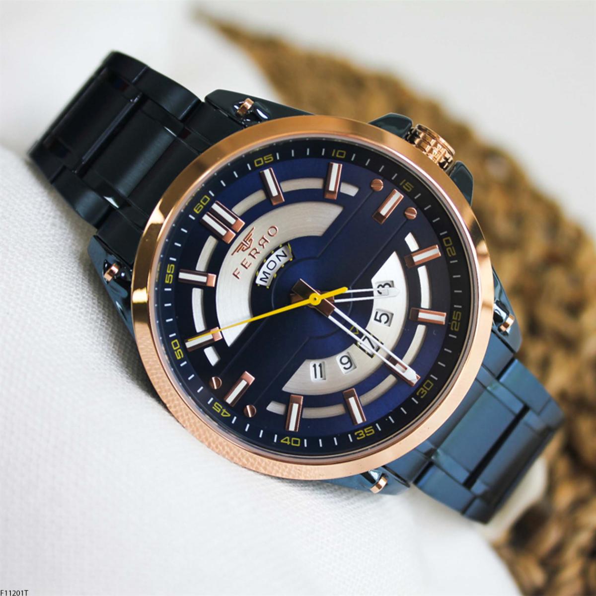 Ferro F11201T Takvimli 45 mm Lacivert Metal Kordon Analog Erkek Kol Saati
