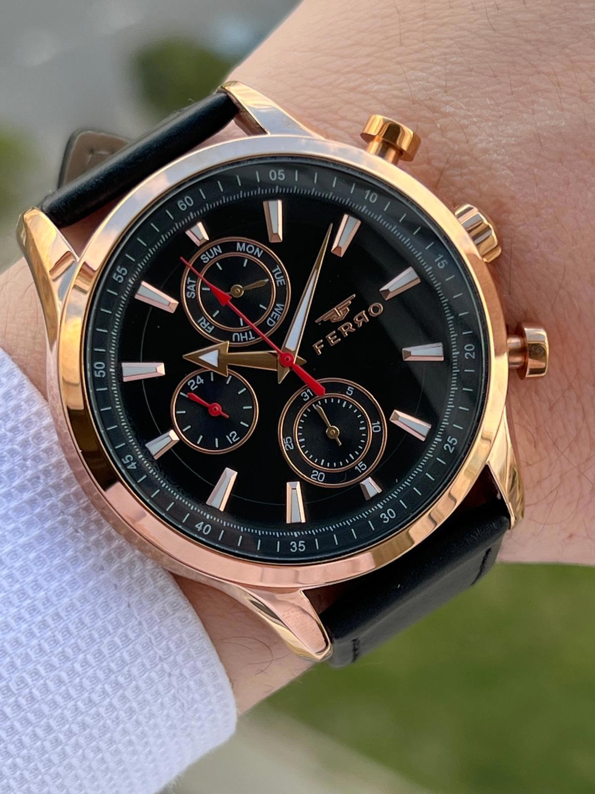 Ferro EFM11105-R Pusulalı Takvimli 44 mm Siyah Deri Kordon Analog Erkek Kol Saati