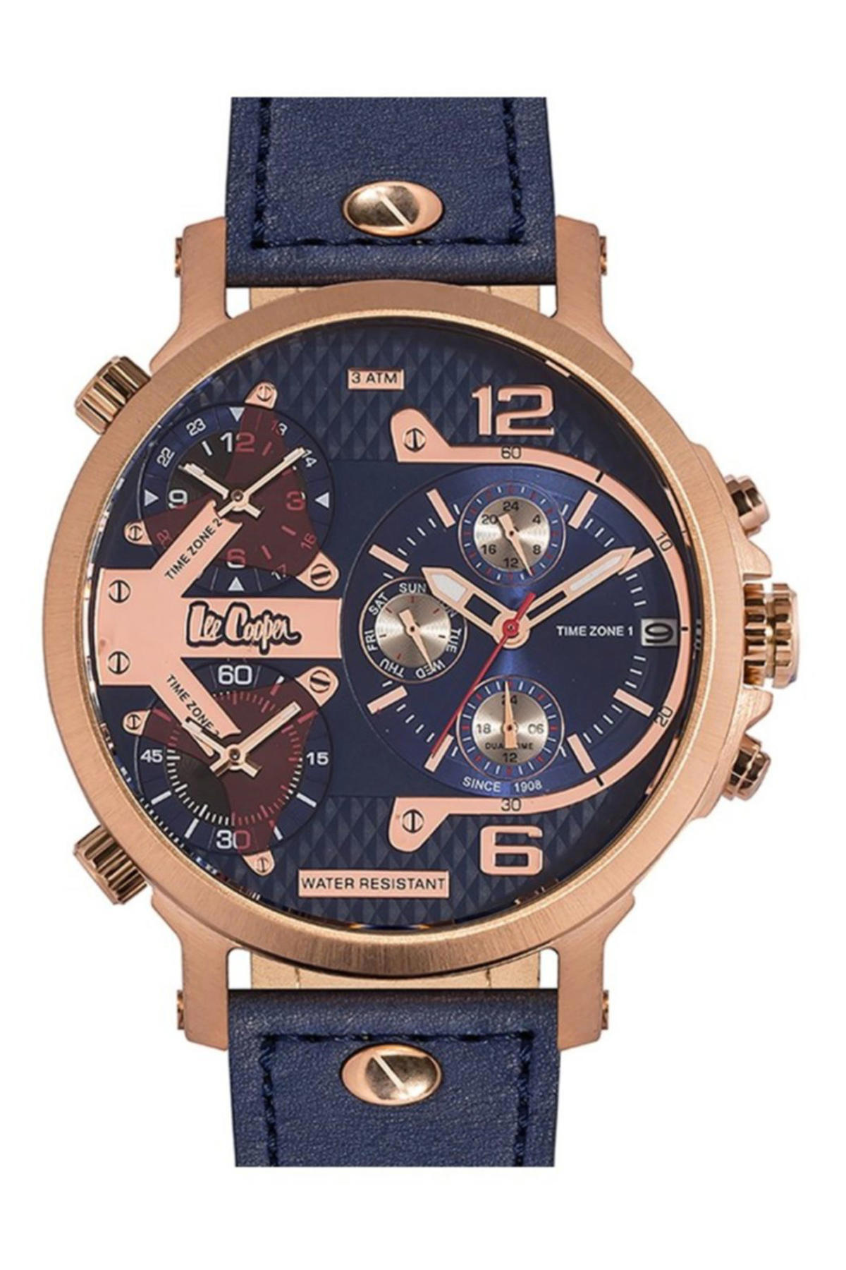 Lee Cooper LC06367.499 Takvimli 52 mm Lacivert Deri Kordon Analog Erkek Kol Saati