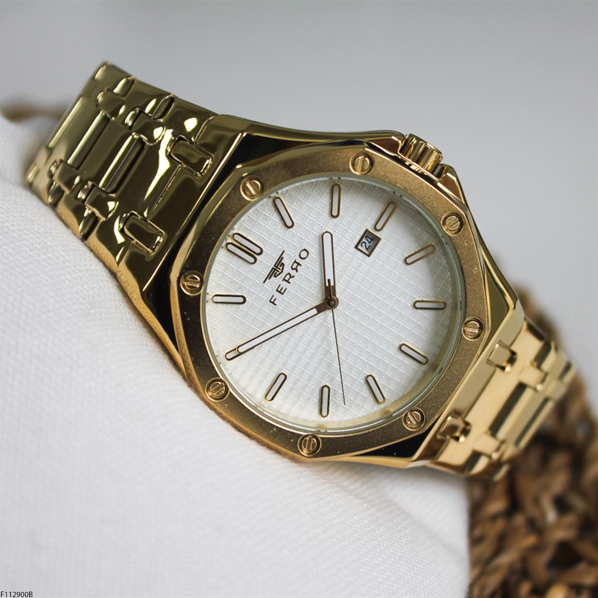 Ferro F112900B Takvimli 42 mm Altın Çelik Kordon Analog Erkek Kol Saati