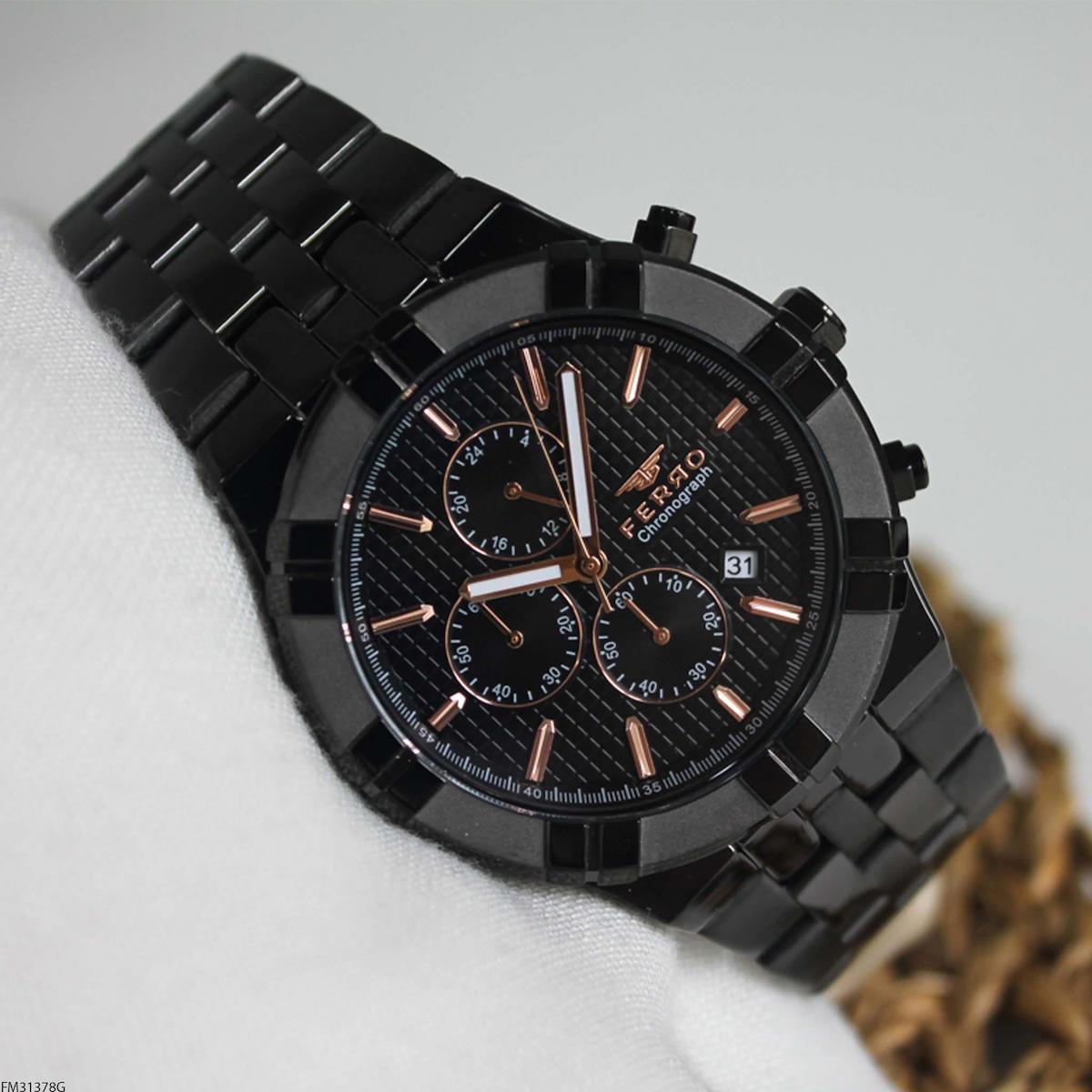 Ferro FM31378G Takvimli 45 mm Siyah Çelik Kordon Analog Erkek Kol Saati