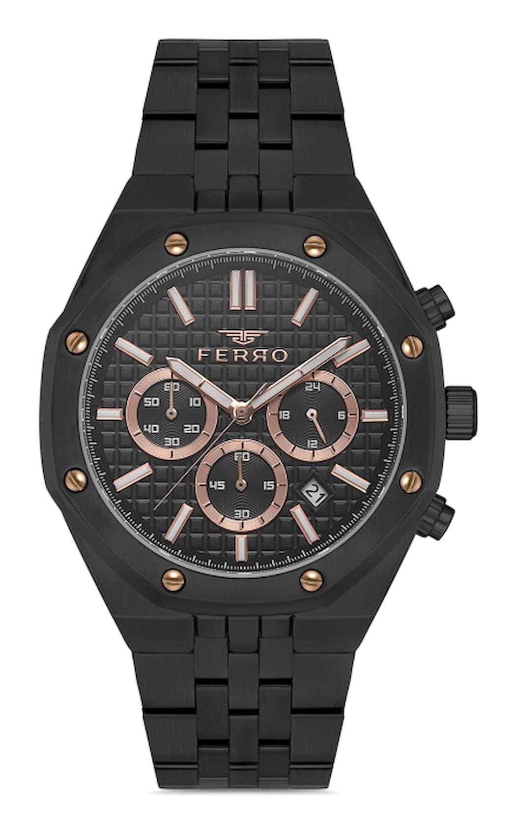 Ferro FM40107A-G Takvimli 44 mm Siyah Metal Kordon Analog Erkek Kol Saati