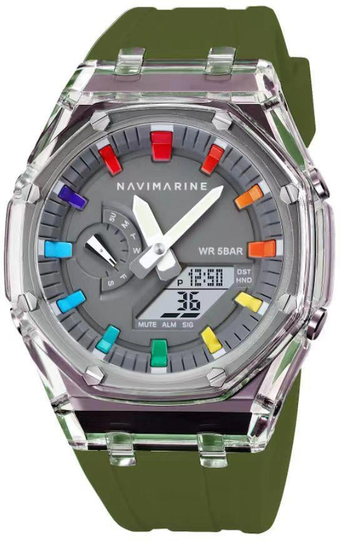 Navimarine AZR0001 Takvimli 44 mm Haki Silikon Kordon Analog Kol Saati