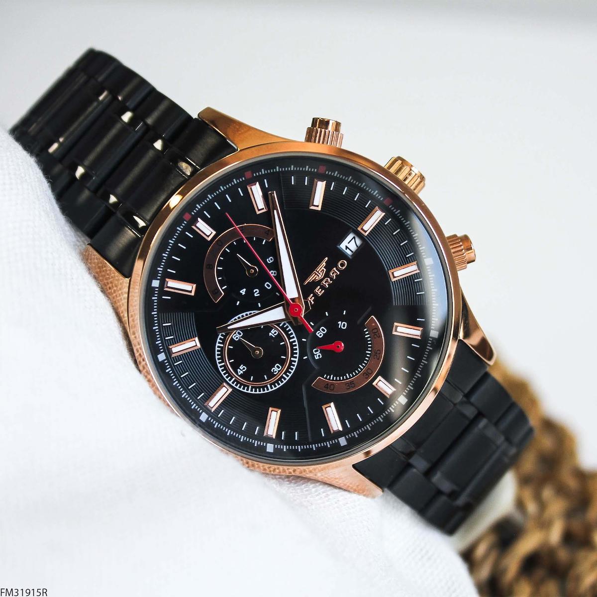 Ferro FM31915R Takvimli 44 mm Siyah Çelik Kordon Analog Erkek Kol Saati