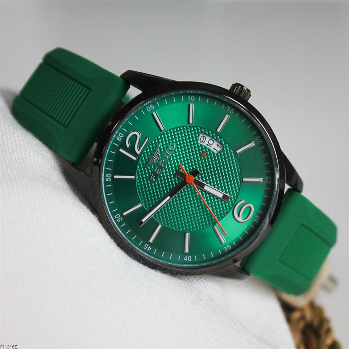 Ferro F11316ZJ Takvimli 41 mm Yeşil Silikon Kordon Analog Erkek Kol Saati