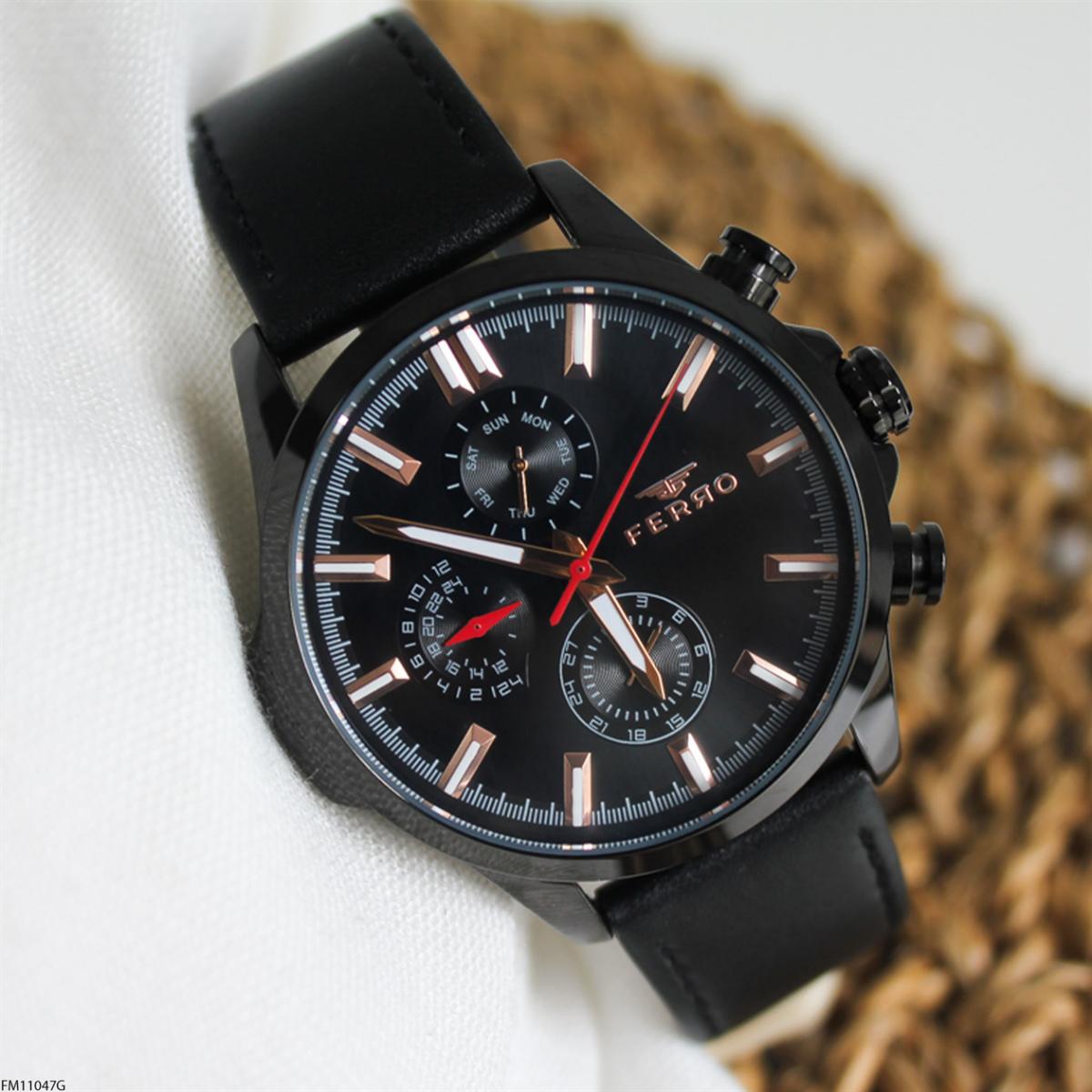 Ferro FM11047G Takvimli 45 mm Siyah Deri Kordon Analog Erkek Kol Saati