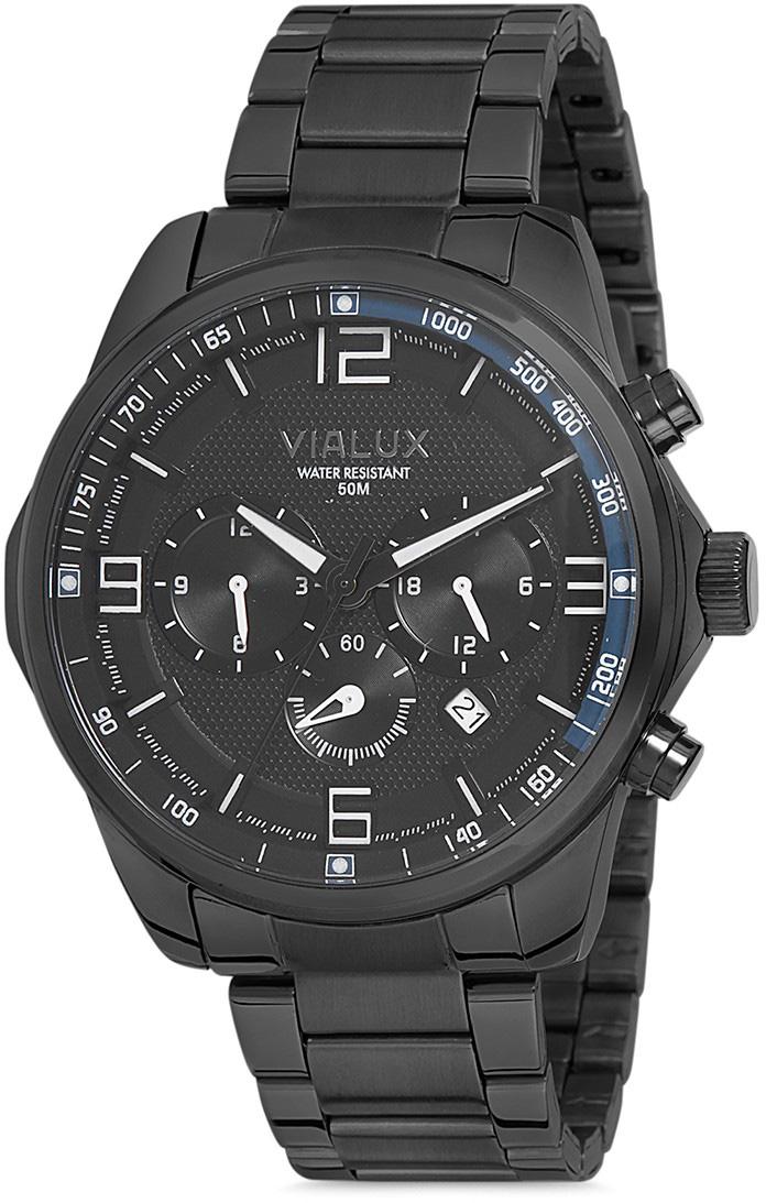 Vialux VX562B-04SB Takvimli 45 mm Siyah Çelik Kordon Analog Kol Saati