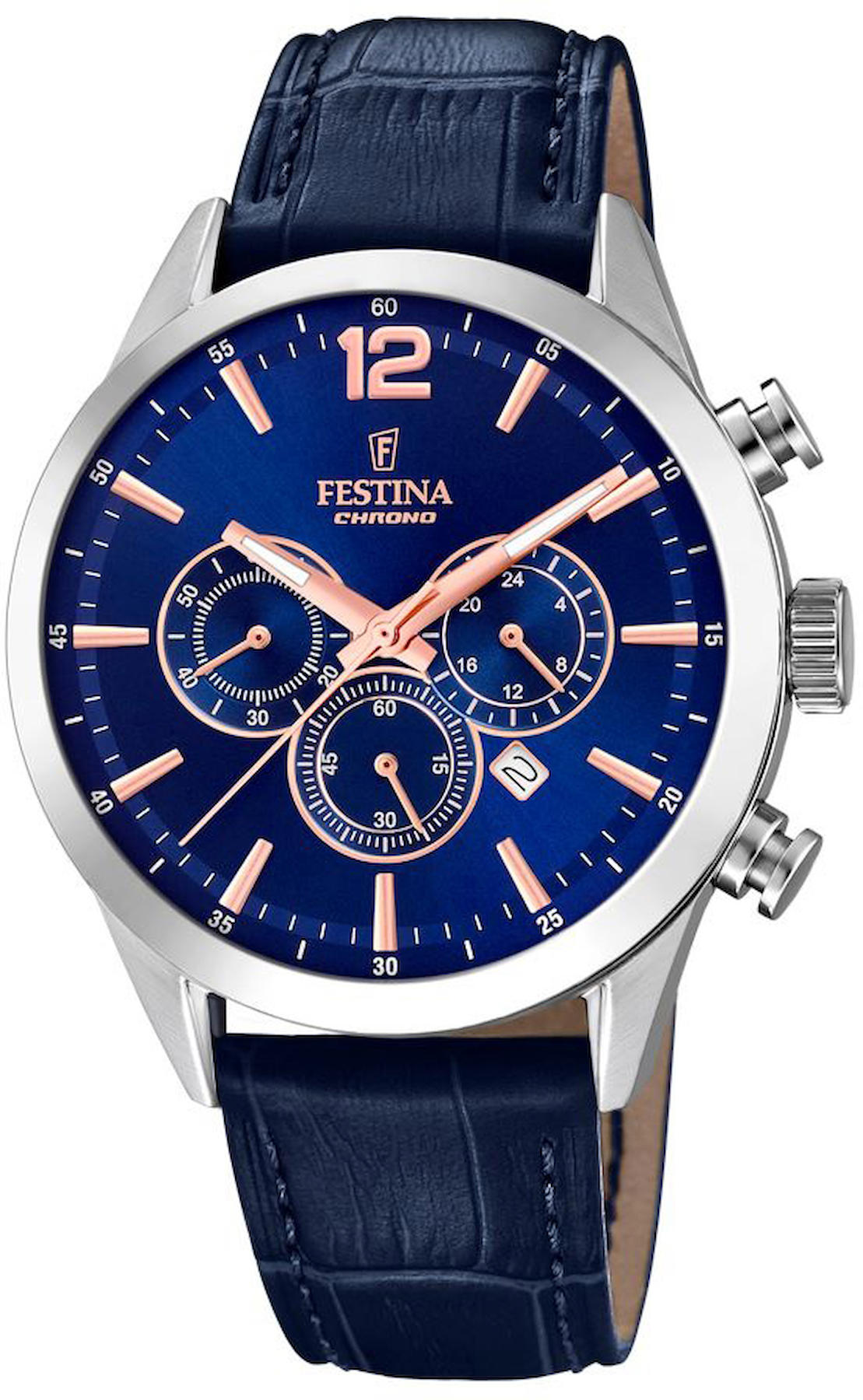 Festina F20542-4 Takvimli 43 mm Lacivert Deri Kordon Analog Kol Saati