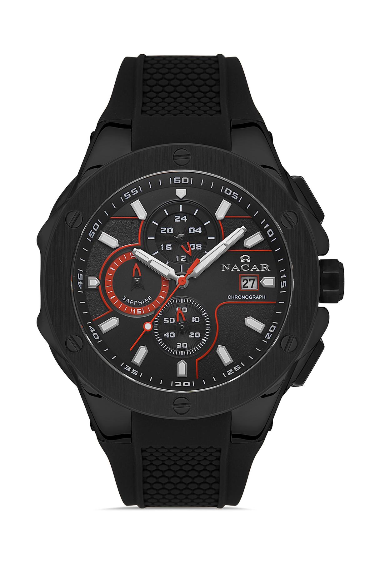 Nacar 3429B554BBS1 Takvimli 44 mm Siyah Çelik Kordon Analog Kol Saati