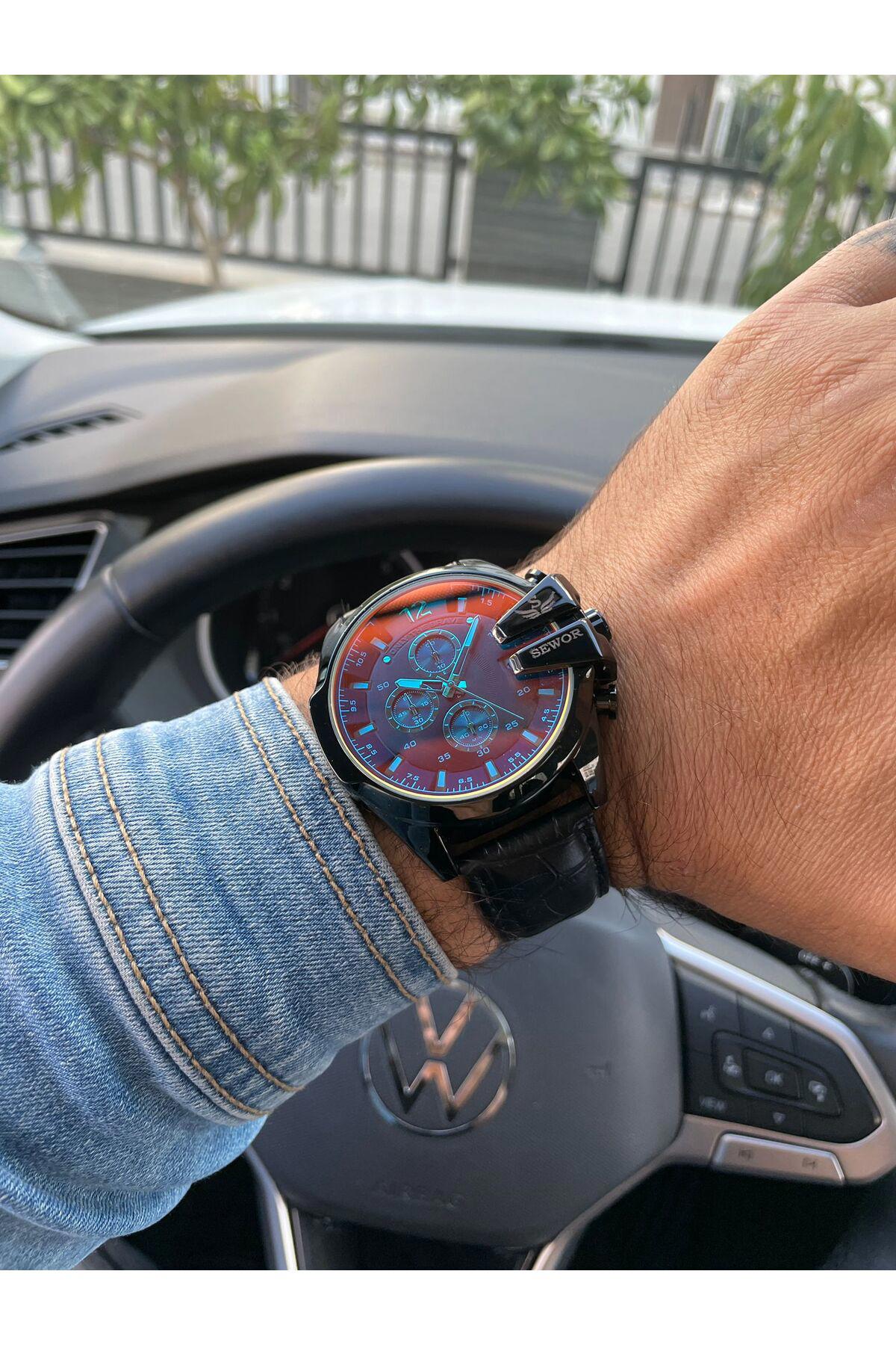 Sewor SEWOR25 Takvimli 31-35 mm Siyah Deri Kordon Analog Erkek Kol Saati
