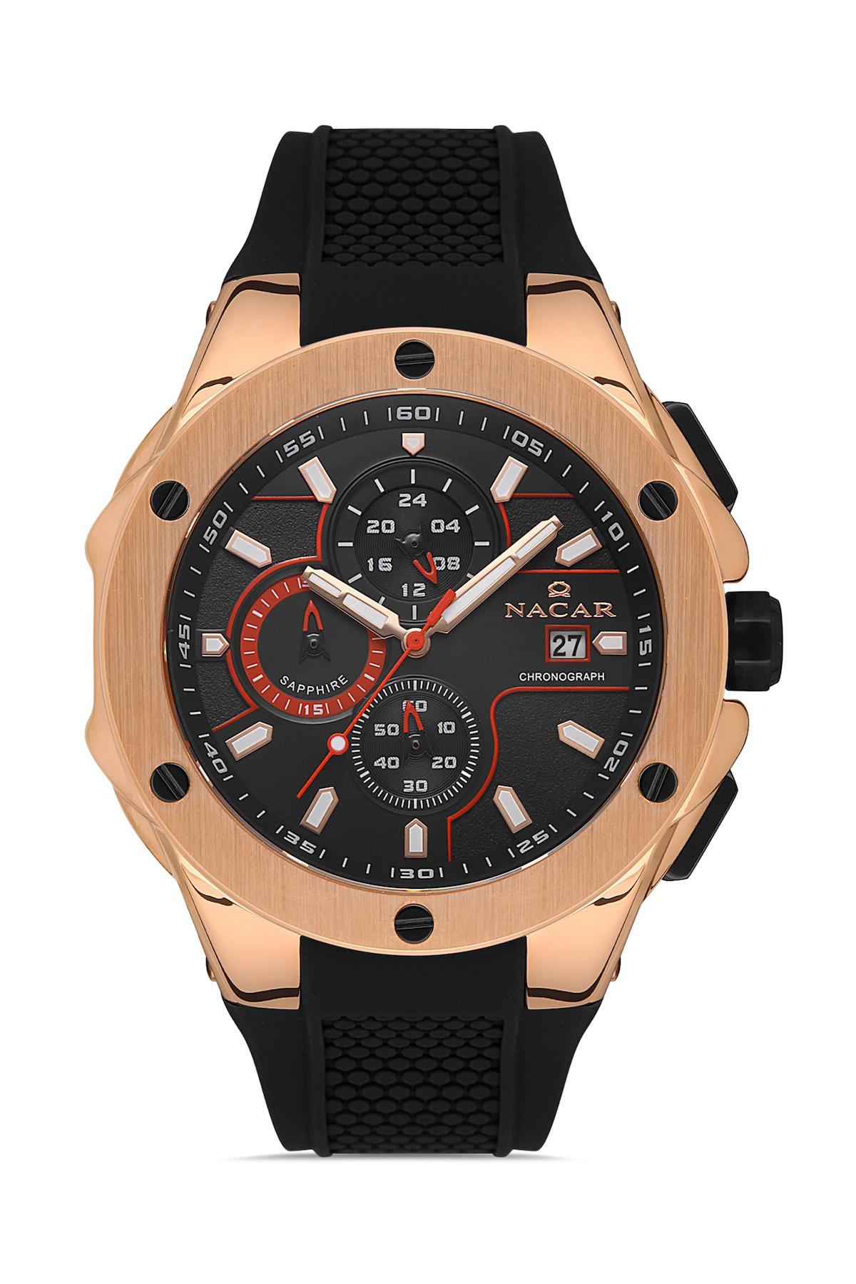 Nacar 3429B554RBS1 Takvimli 44 mm Siyah Çelik Kordon Analog Kol Saati