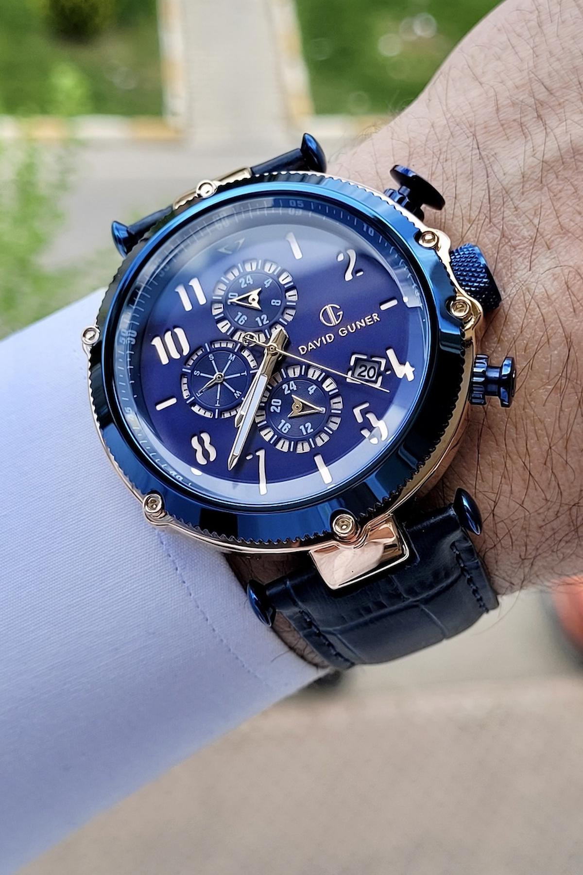 David Guner DGISTE9 Takvimli 42 mm Lacivert Deri Kordon Analog Erkek Kol Saati