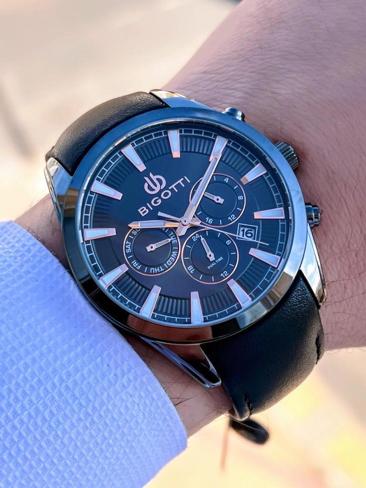 Bigotti BG.1.10451.5 Su Geçirmez Takvimli 45 mm Siyah Deri Kordon Analog Erkek Kol Saati
