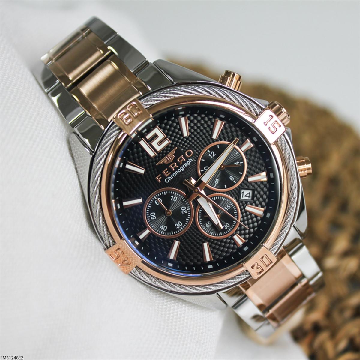 Ferro FM31248E2 Takvimli 45 mm Gri-Rose Gold Çelik Kordon Analog Erkek Kol Saati