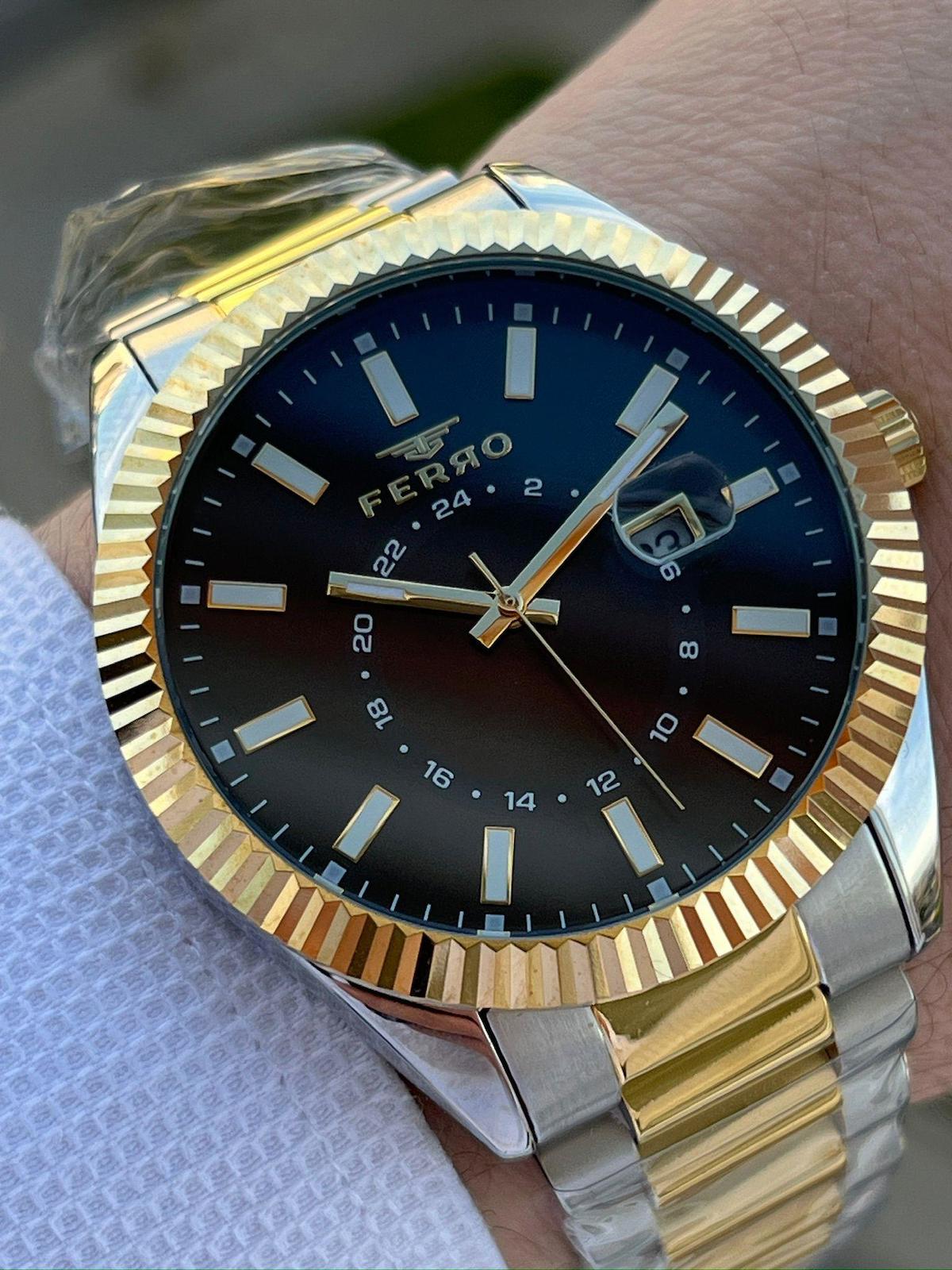 Ferro EFM11288-D2 Su Geçirmez Takvimli 44 mm Altın-Çelik Kordon Analog Erkek Kol Saati