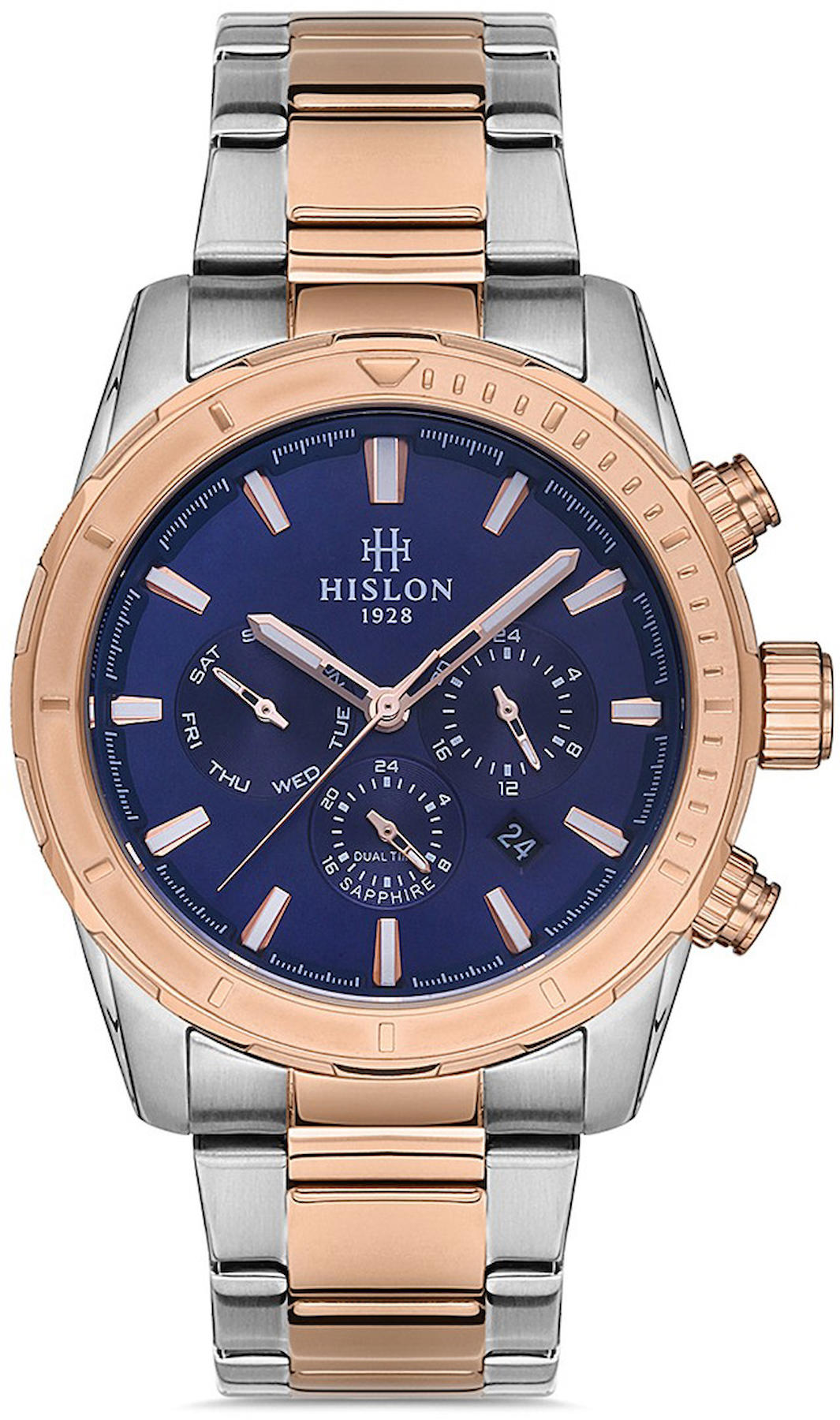 Hislon DT133R-11SR Pusulalı Takvimli 45 mm Gri-Rose Gold Çelik Kordon Analog Erkek Kol Saati