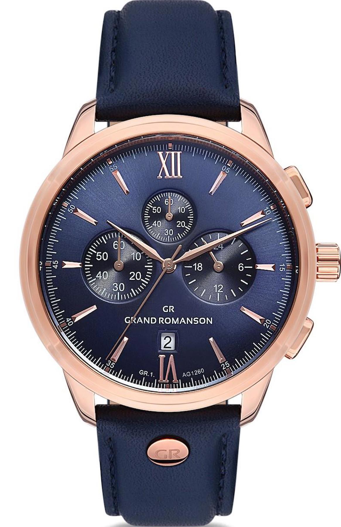 Grand Romanson GR.1.AG1260.04 Takvimli 43 mm Lacivert Deri Kordon Analog Erkek Kol Saati