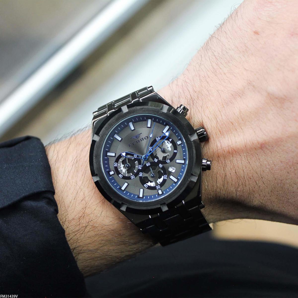 Ferro FM31439V Takvimli 45 mm Siyah Çelik Kordon Analog Erkek Kol Saati