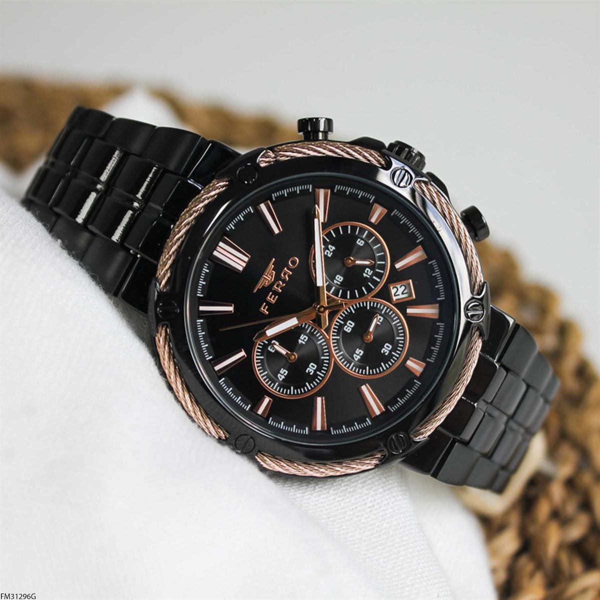 Ferro FM31296G Takvimli 45 mm Siyah Çelik Kordon Analog Erkek Kol Saati