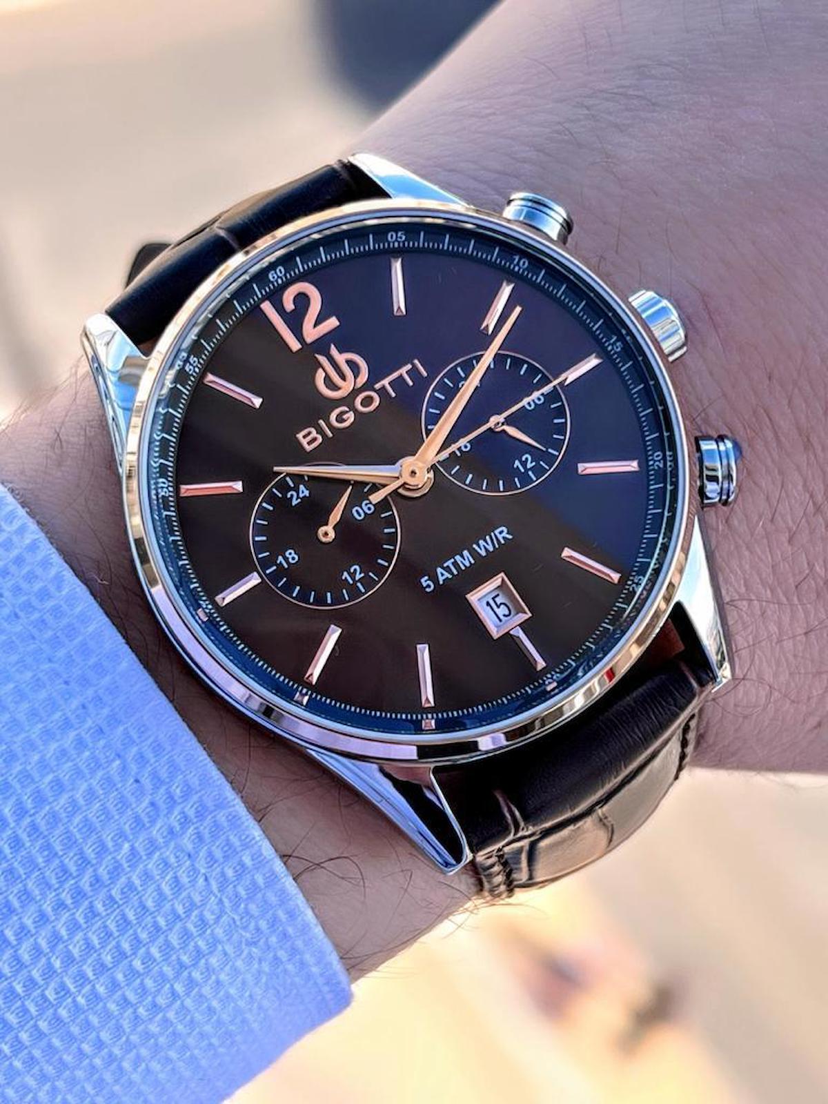 Bigotti BG.1.10510.4 Su Geçirmez Takvimli 45 mm Siyah Deri Kordon Analog Erkek Kol Saati
