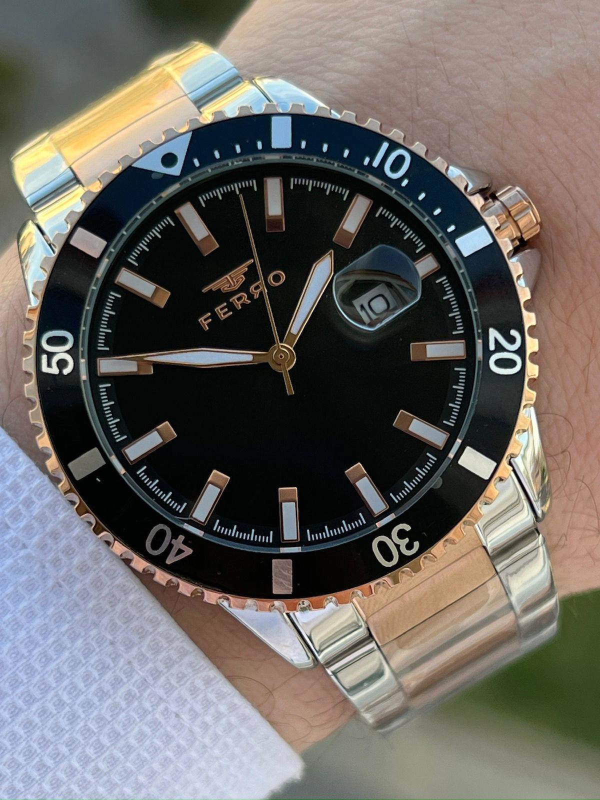 Ferro EFM11238-E2 Su Geçirmez Takvimli 44 mm Gri-Rose Gold Çelik Kordon Analog Erkek Kol Saati