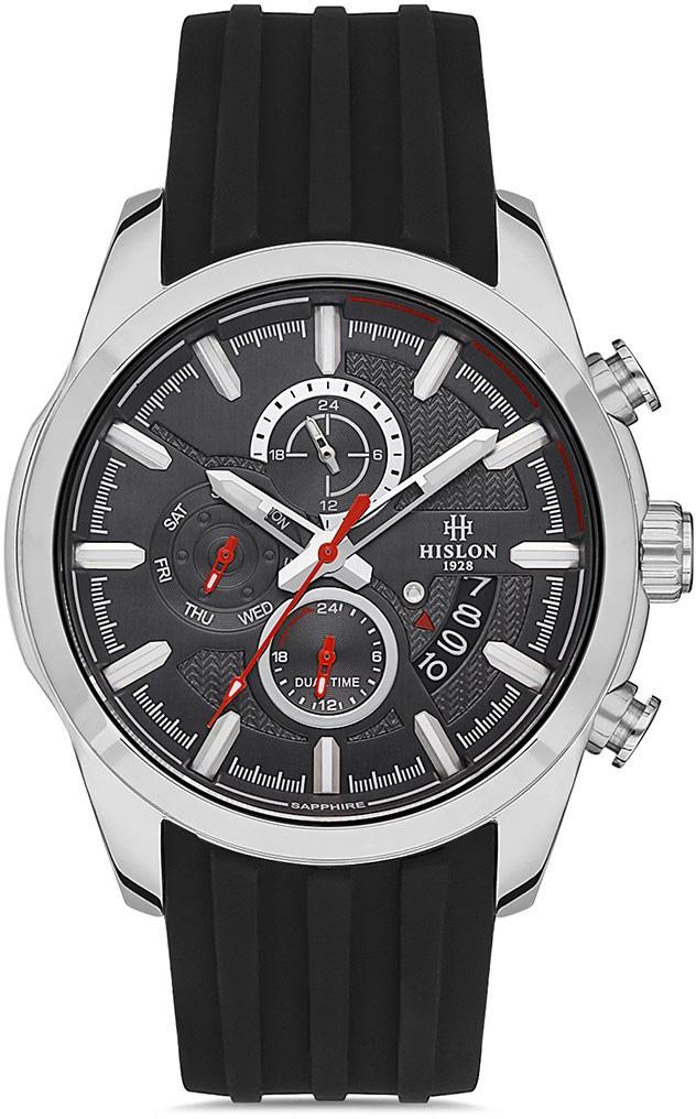 Hislon DT130S-04BS Pusulalı Takvimli 44 mm Siyah Silikon Kordon Analog Kol Saati