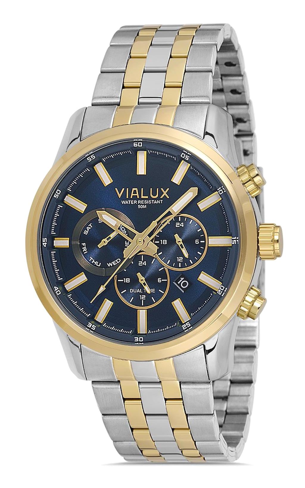 Vialux VX578T-11SG Takvimli 45 mm Altın-Çelik Kordon Analog Erkek Kol Saati