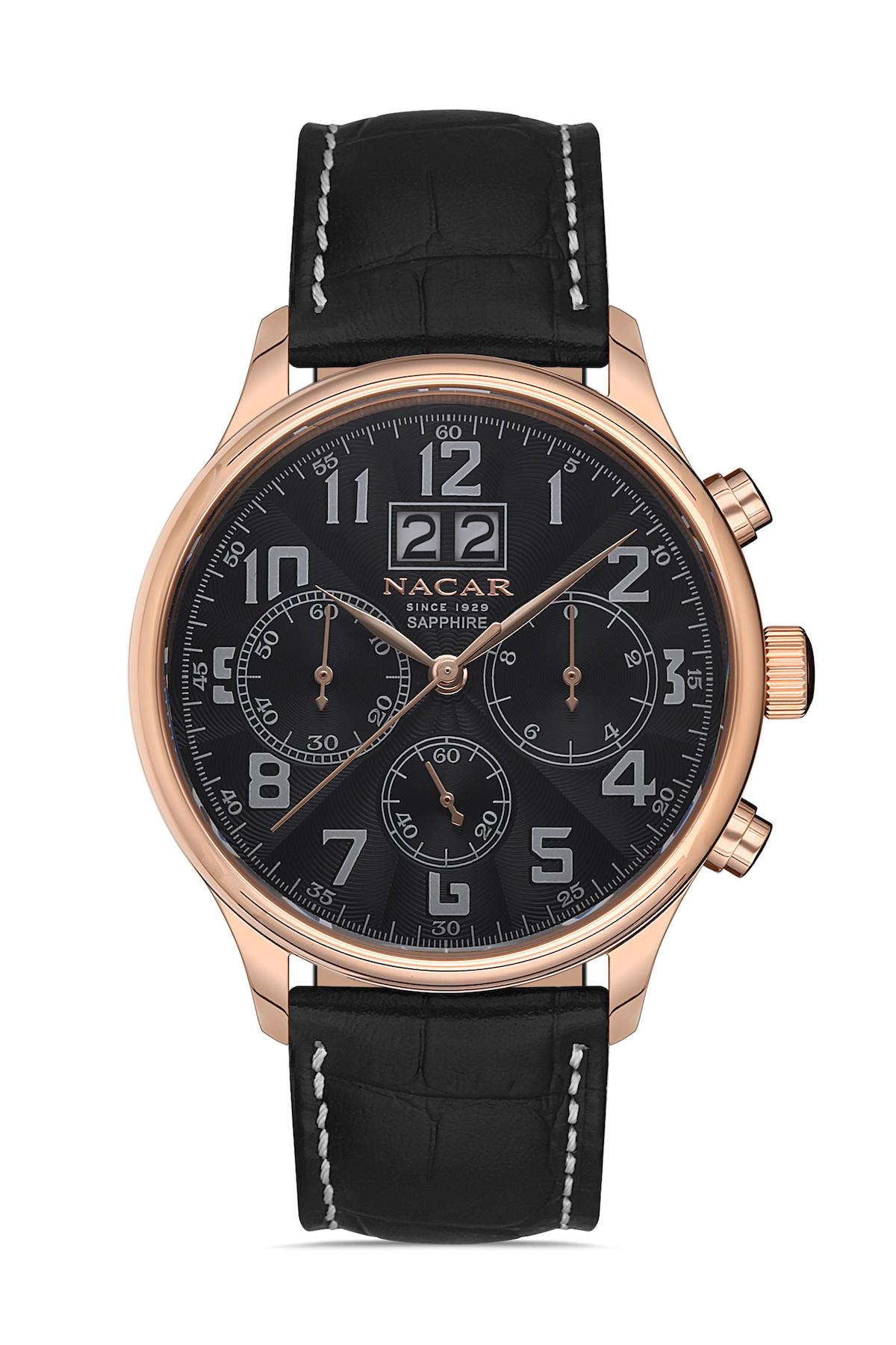 Nacar 3429B433RBL1 Takvimli 44 mm Siyah Çelik Kordon Analog Kol Saati