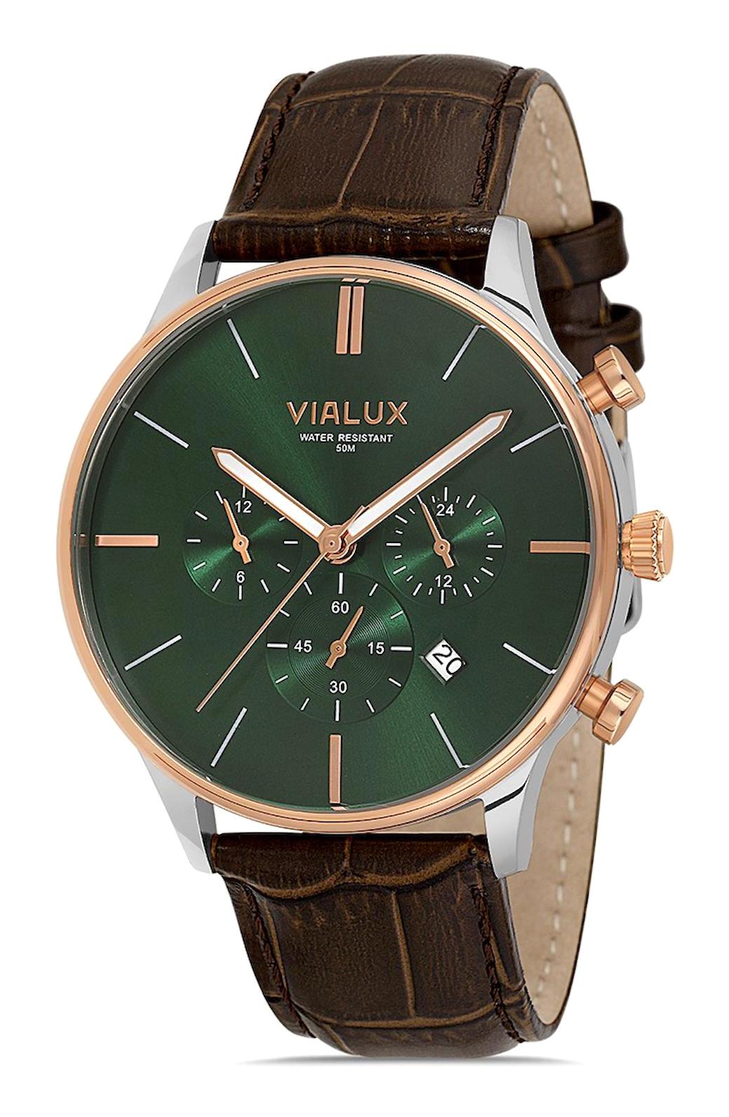 Vialux VX515T-15KR Takvimli 43.5 mm Kahverengi Deri Kordon Analog Erkek Kol Saati