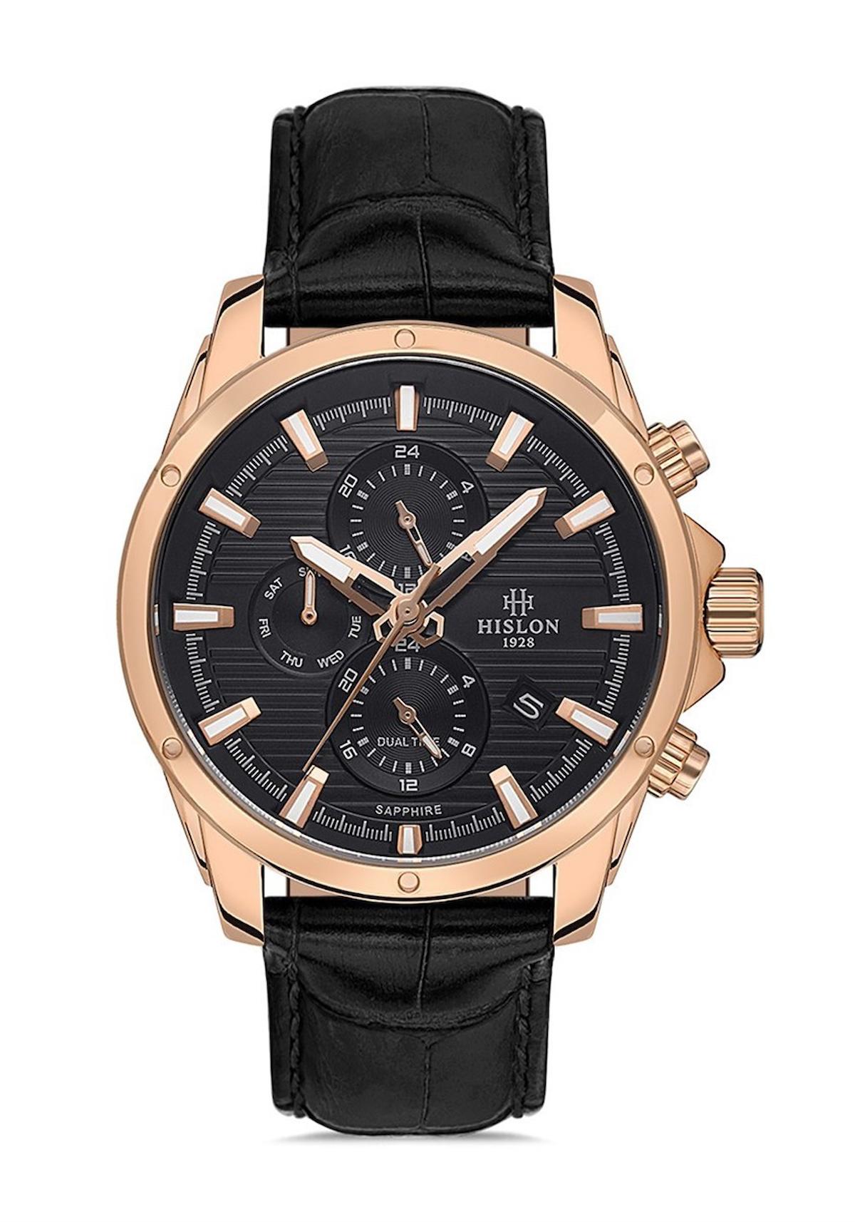 Hislon DT132R-04BR Pusulalı Takvimli Siyah Çelik Kordon Analog Erkek Kol Saati