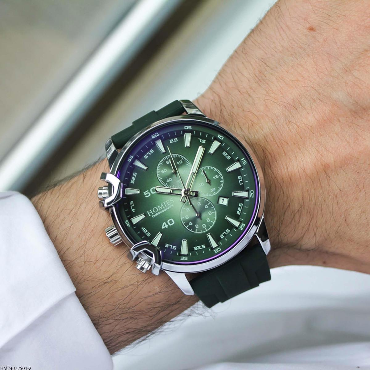 Homies HM24072S01-2 Pusulalı Takvimli Yeşil Silikon Kordon Analog Erkek Kol Saati