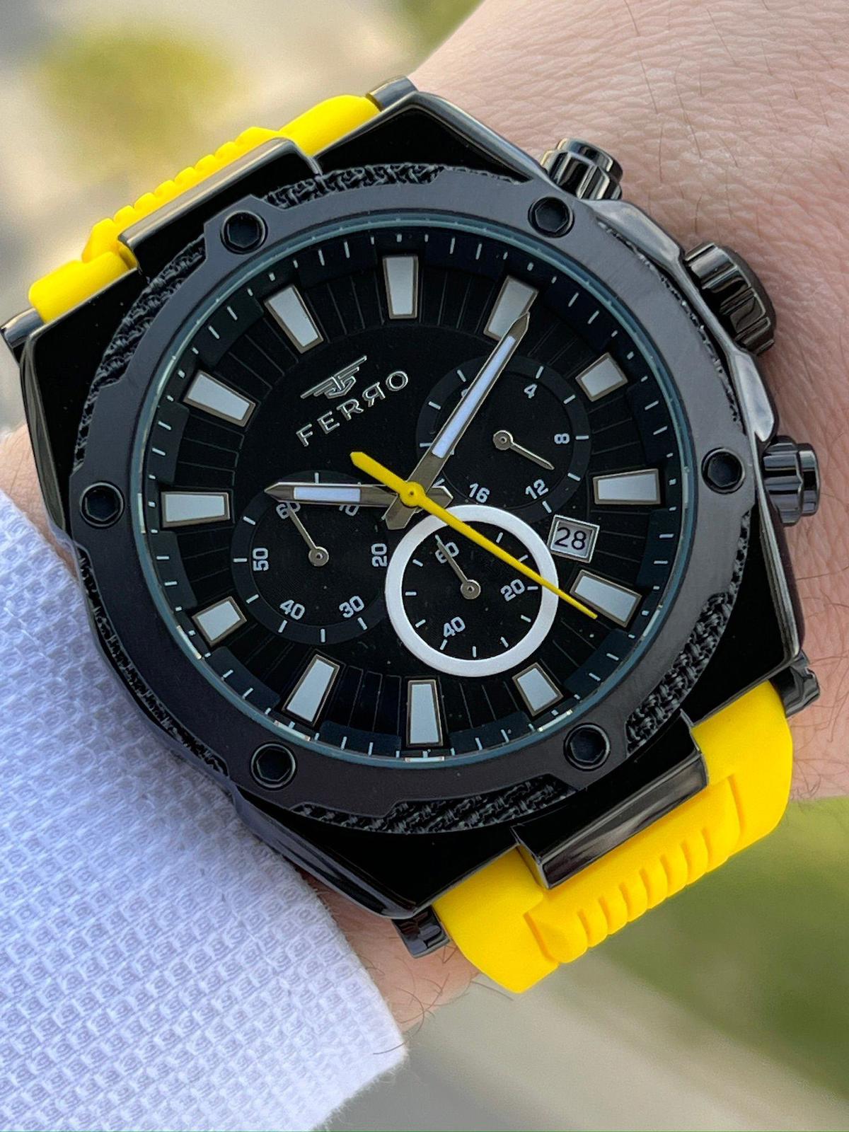 Ferro EF31396-ZN Su Geçirmez Takvimli 44 mm Sarı Silikon Kordon Analog Erkek Kol Saati