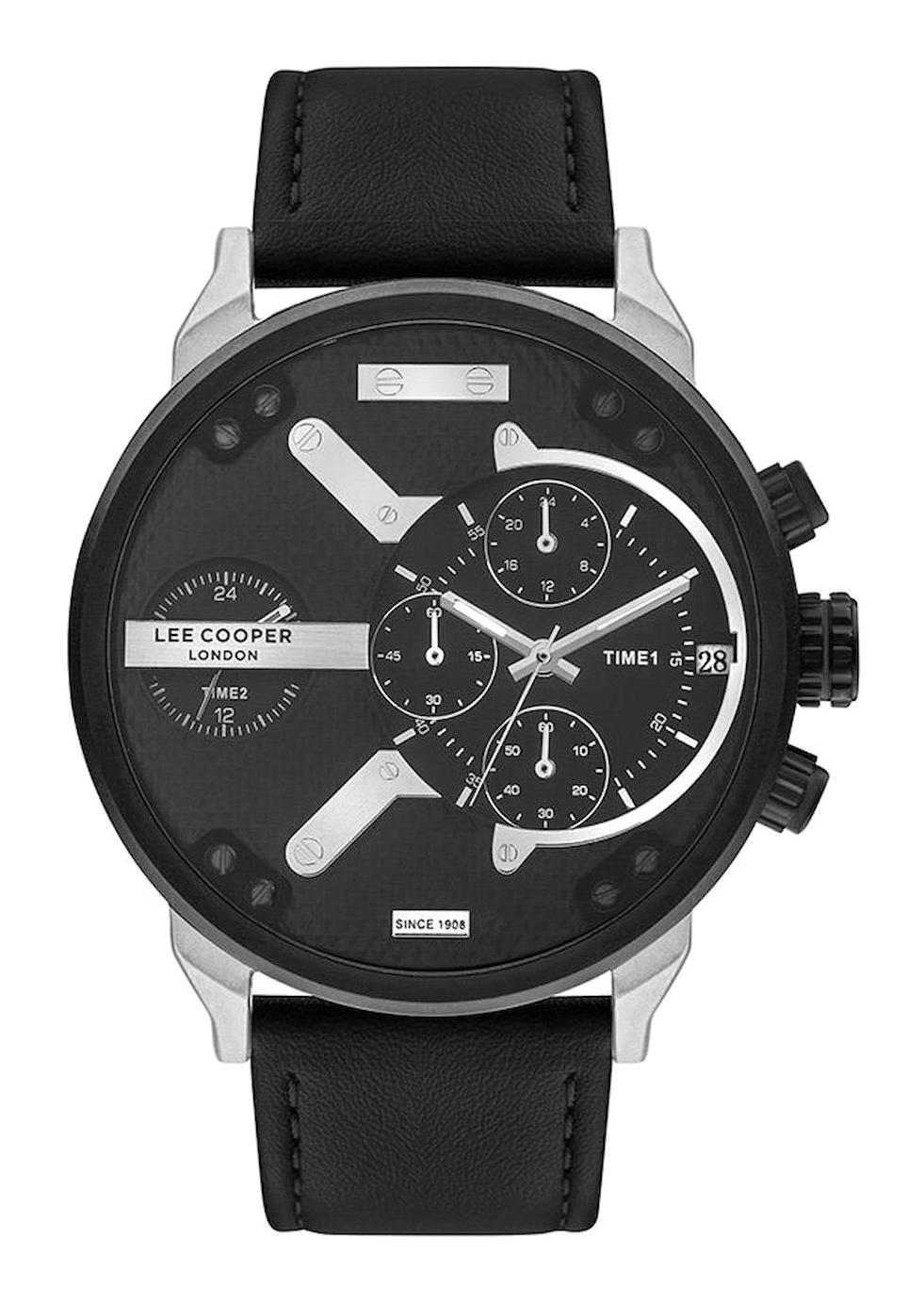 Lee Cooper LC07491.351 Takvimli 44 mm Siyah- Gri Deri Kordon Analog Erkek Kol Saati