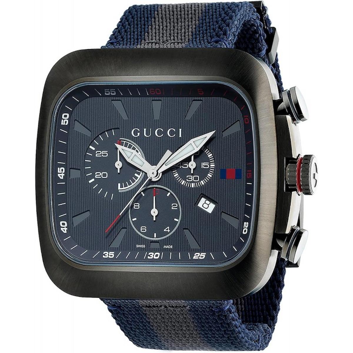 Gucci YA131203 Takvimli 42 mm Gri-Lacivert Kumaş Kordon Analog Erkek Kol Saati