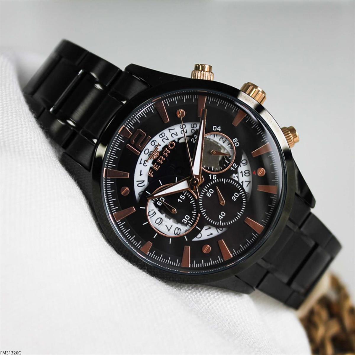 Ferro FM31320G Takvimli 44 mm Siyah Çelik Kordon Analog Erkek Kol Saati